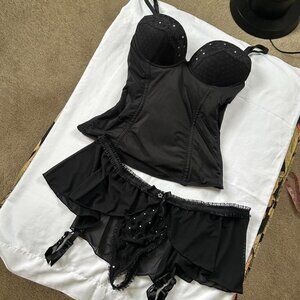 Vintage Black Bedazzled sparkle corset lingerie top & garter hook thong set